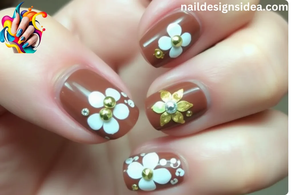 Cherry Mocha Nail Art with Flowers