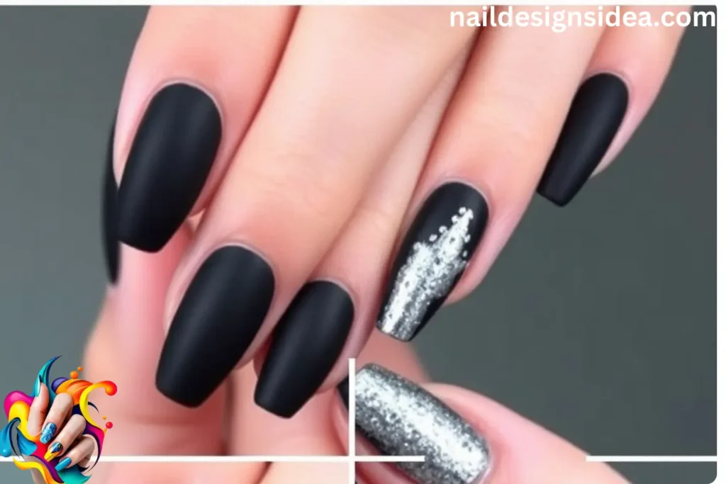 Matte Black and Silver October Nails