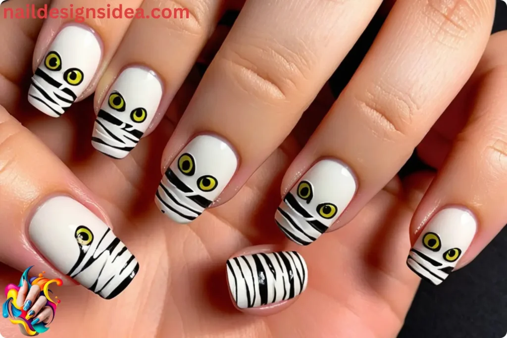 Mummy Wrap Halloween Nails Art