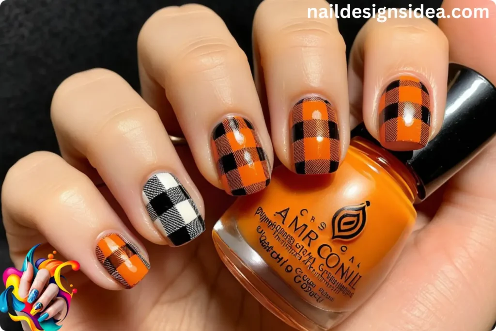 Plaid and Pumpkins Combo Nails