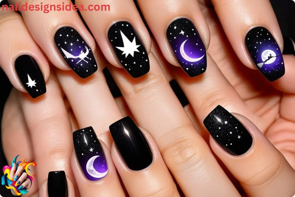 Witch Hat and Broomstick Halloween Nails