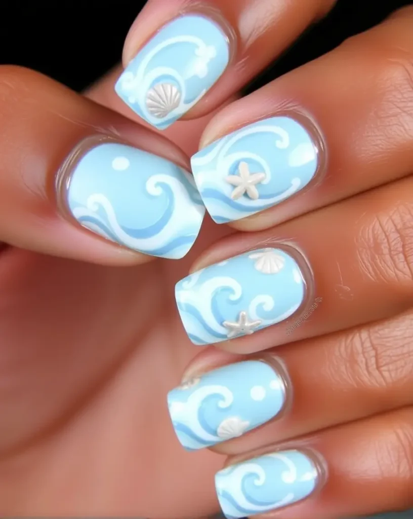 Beach Waves and Seashells Hawaii Nail Ideas