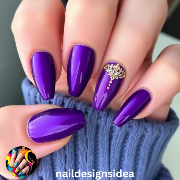 . Try chrome or glitter finishes on your purple nails for more emphasis, or combine them with gold accents for a royal look.