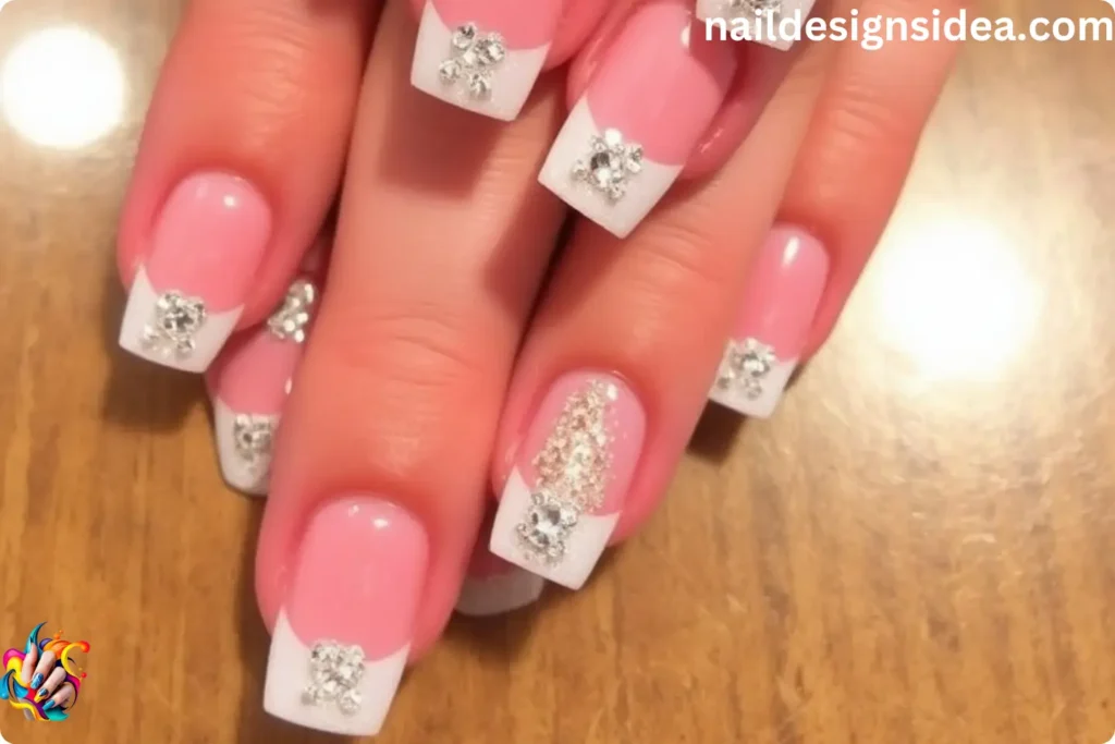 Classic French Cocktail Nails with Sparkling Accents