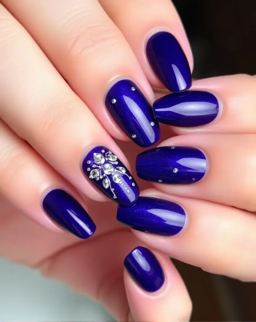 Dark Coquette Nail Ideas Royal Purple with Rhinestones 