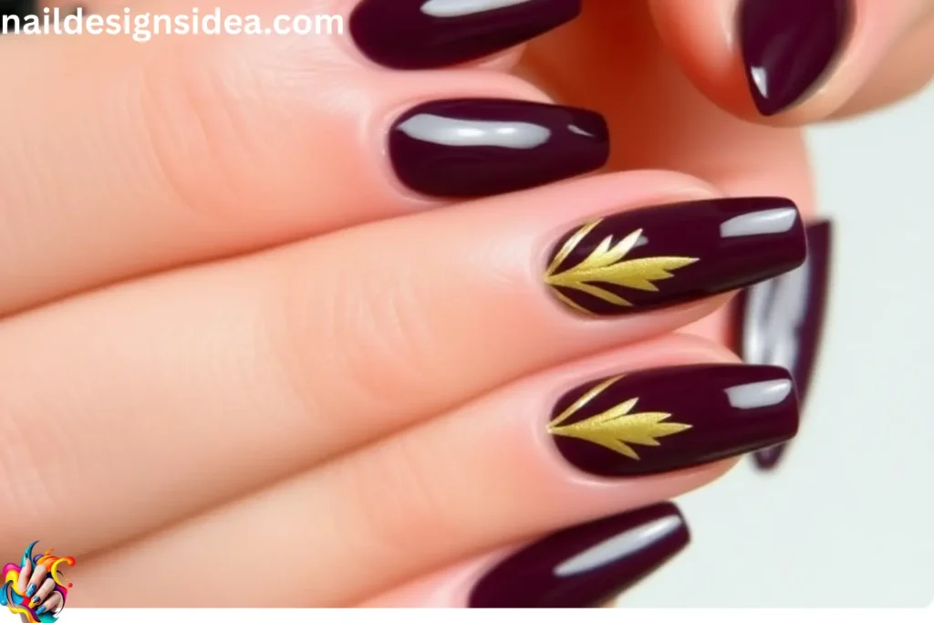 Dark Plum and Gold Nail Art