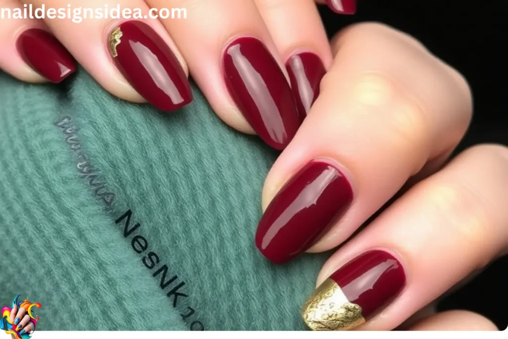 Deep Red Velvet Nails with Gold Leaf