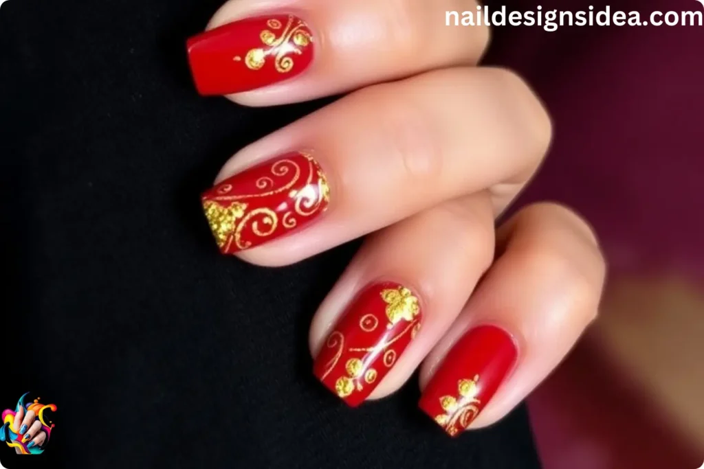 Deep Red and Gold Deepavali Nail Designs