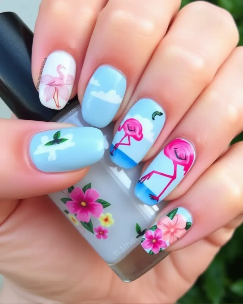 Flamingo Hawaii Nail Ideas