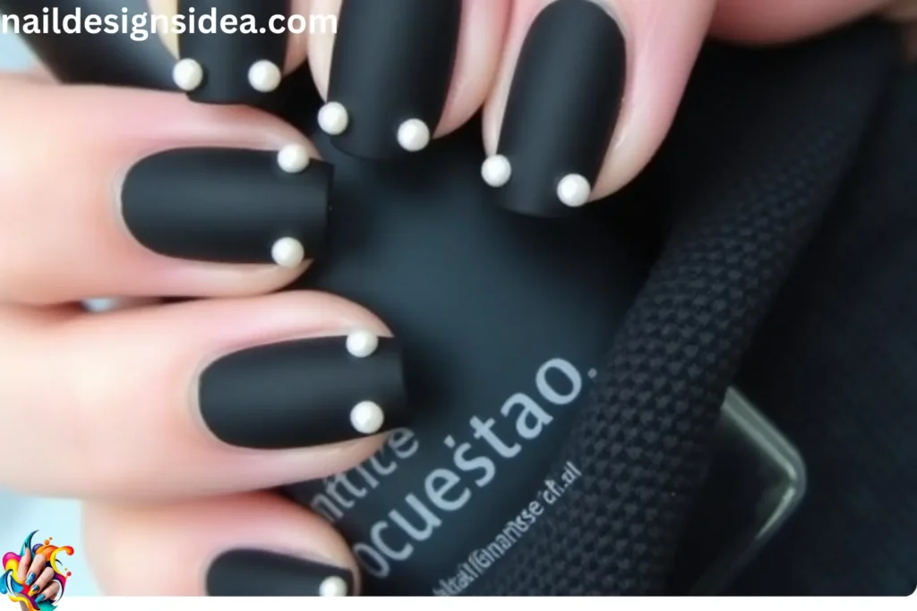 Matte Black Nails with Pearl Accents 