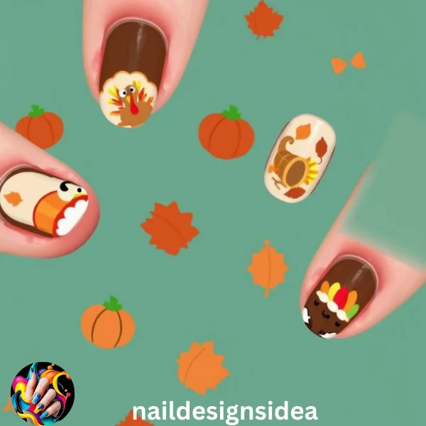 Thanksgiving nail designs allow you to get creative with motifs such as pumpkins, turkeys, cornucopias, and leaves. 