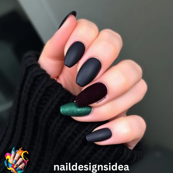 Matte nails are trendy in 2024, and adding velvet accents takes the look to the next level. 