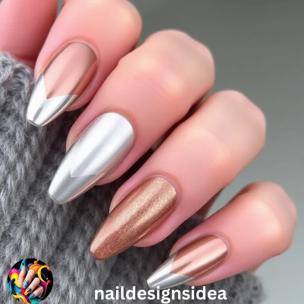 Metallic nails are making a comeback, with shades like chrome silver, rose gold, and copper taking the spotlight. 