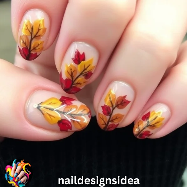 Autumn leaf nail art features intricate leaves painted in warm hues like deep orange, crimson, yellow, and brown, symbolizing the changing season. 