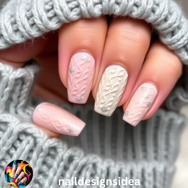 Sweater nails replicate the texture of warm, knit patterns, providing a cozy feel. 