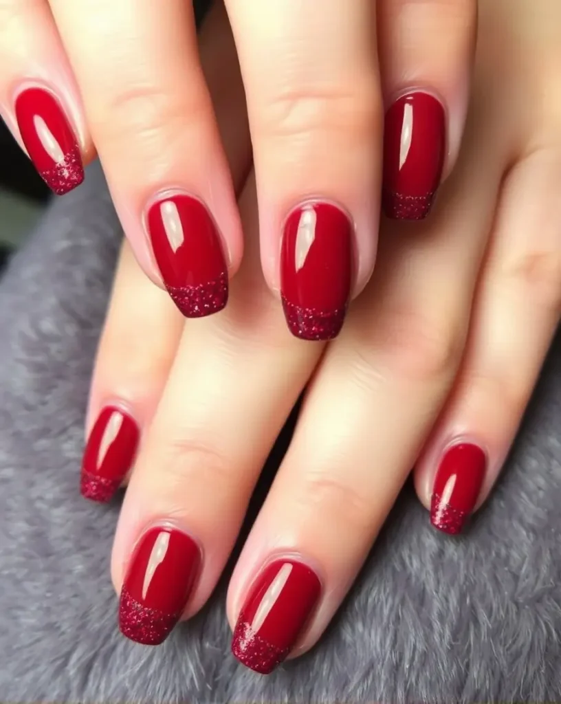 Vampy Red Nails with Glitter Accents