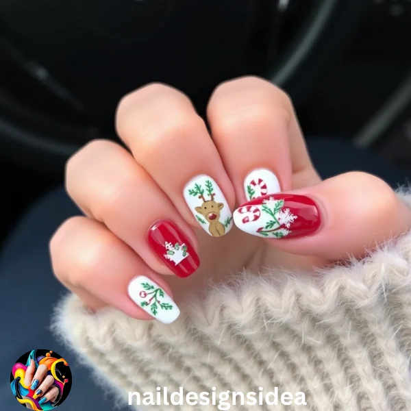 Winter wouldn’t be complete without some holiday cheer! Incorporate Christmas elements into your winter nail designs, such as candy canes, reindeer, and mistletoe. 