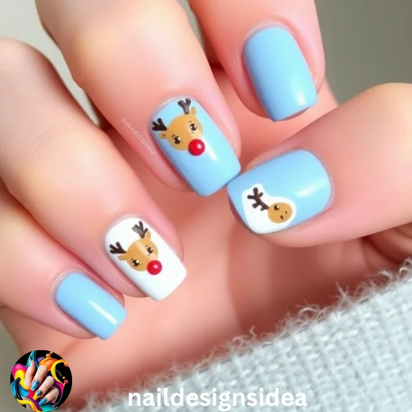 Bring a whimsical touch to your nails with adorable reindeer art. Start with a baby blue background and paint reindeer faces or silhouettes on accent nails using brown, white, and red colors. 