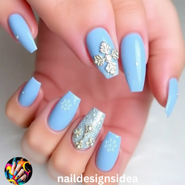 Baby blue Christmas nails are a unique take on festive manicures, combining the soft elegance of baby blue with seasonal designs. 