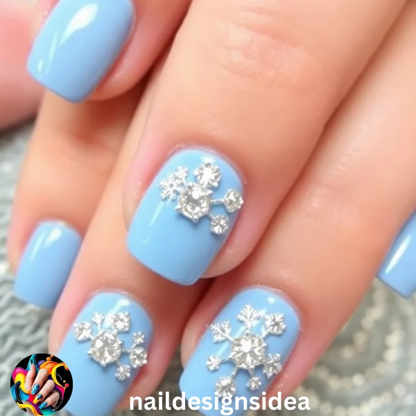 Baby Blue Nails with Crystal Embellishments