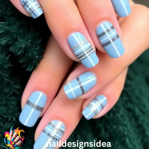 Plaid is a classic winter design that pairs beautifully with baby blue. Use a baby blue base and create plaid patterns using white, silver, or navy lines. 