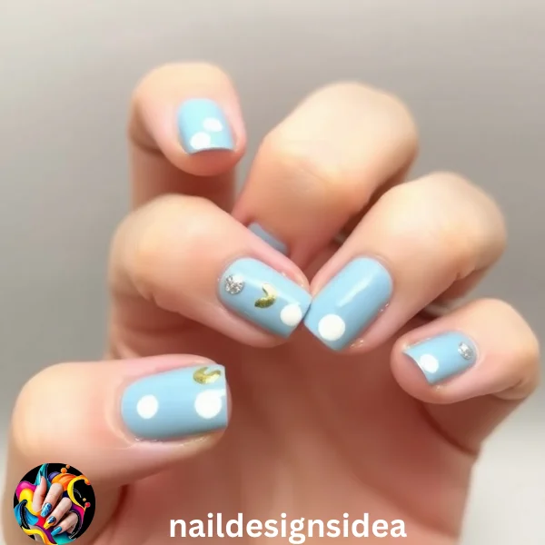 Polka dots are a simple yet charming design that works beautifully with baby blue nails.