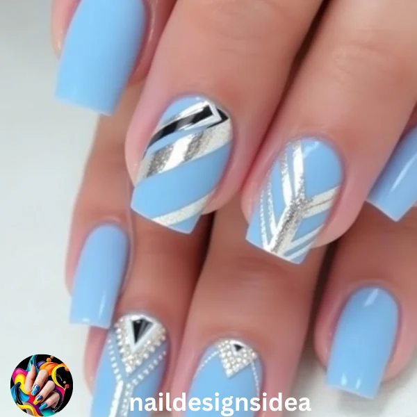 Metallic Accents on Baby Blue Nails