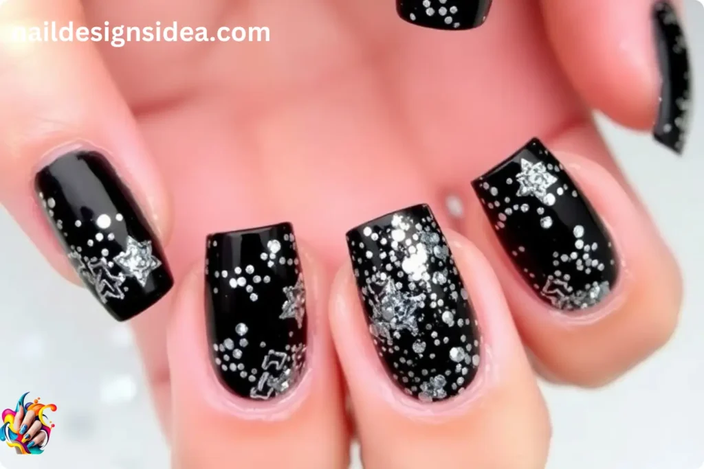 Black and Silver Confetti Nails