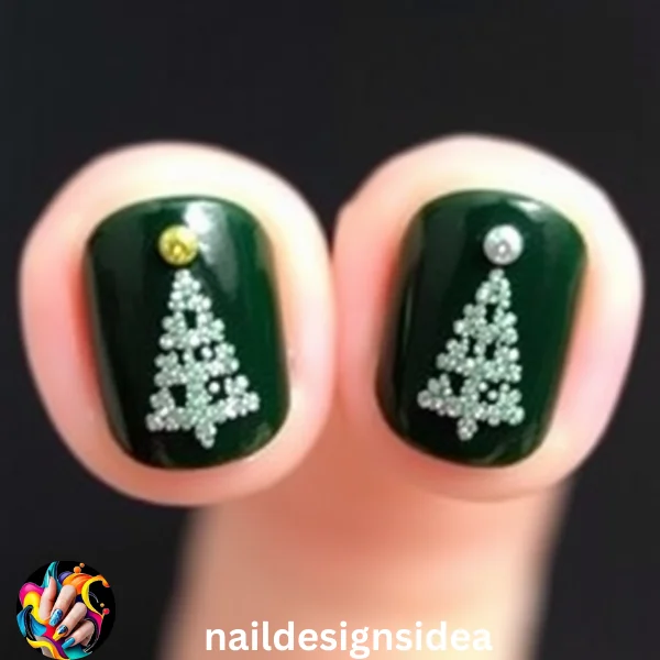 Create tiny Christmas trees on your nails with a dark green base color. Use a small brush to add glitter to the shape of a triangle for a sparkly tree effect.