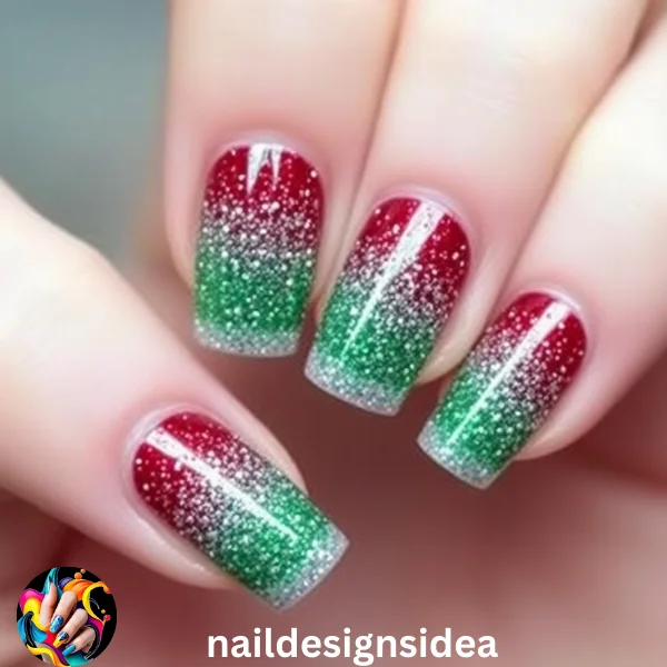 One of my favorite ideas for DIY Christmas nails is a glitter gradient that feels both festive and elegant.