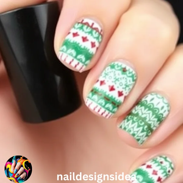 The cozy sweater design is a winter classic for DIY Christmas nails and perfect for anyone who loves a warm, traditional holiday look.