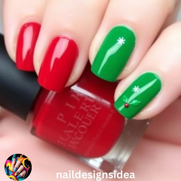 Paint your nails in alternating red and green shades for an eye-catching yet easy look.