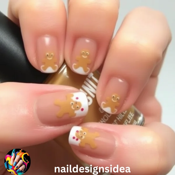 For a cute and quirky holiday design, why not decorate your nails with tiny gingerbread men? Use a light brown polish as your base, and then draw tiny gingerbread men using white and red polish for details like eyes, buttons, and icing.