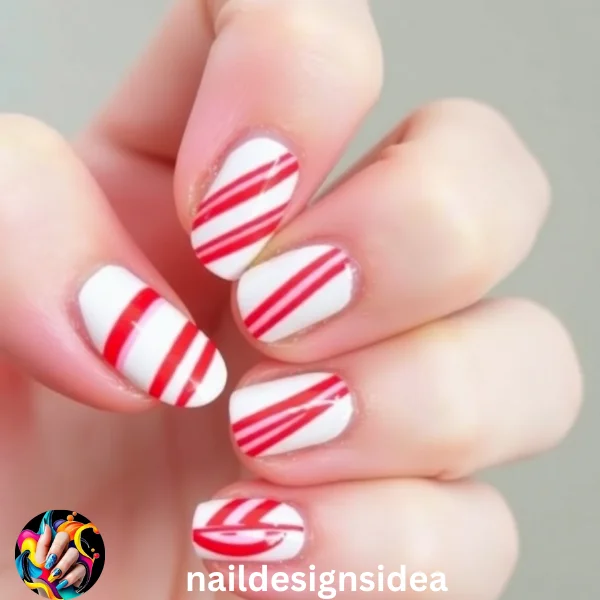 Candy cane nails are both sweet and simple. Start with a white base and add red diagonal stripes.