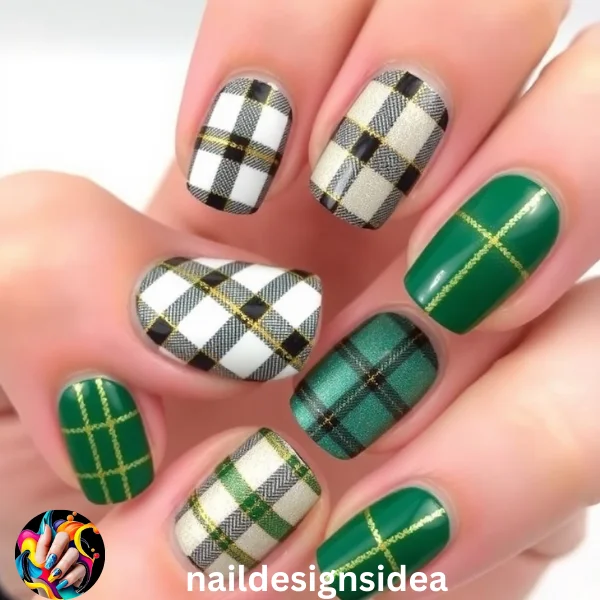 Plaid nails are cozy and stylish for winter. Use a red or green base and create stripes with white, black, and gold to create a plaid effect.