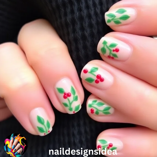 Holly-inspired nails are ideal for a subtle Christmas design. Start with a neutral base and use green for the holly leaves and red for the berries.