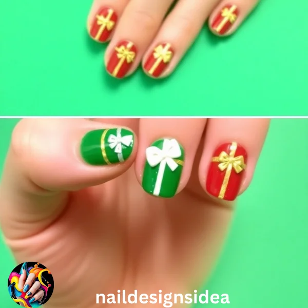 Create mini present designs by painting each nail in different colors and adding a small ribbon or bow detail.