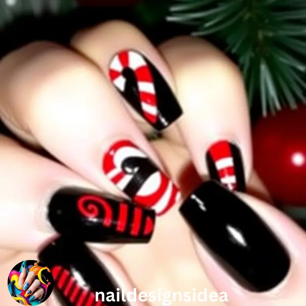 Take the iconic candy cane pattern and give it a dark twist with black nails and red stripes.