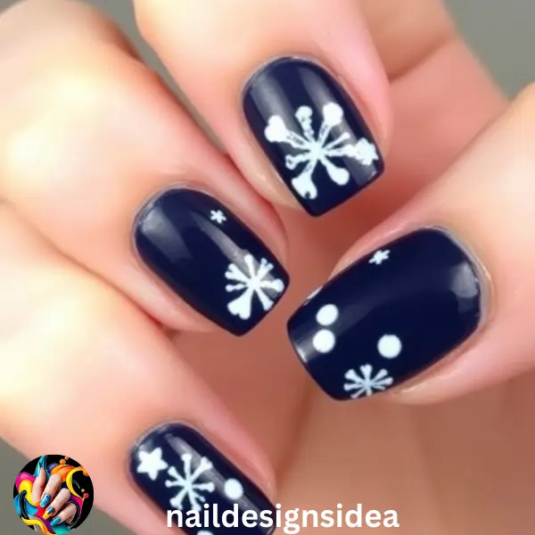 Dark Navy Blue nails with white snowflakes offer a perfect wintery, Christmas-themed nail design that’s both festive and refined. 