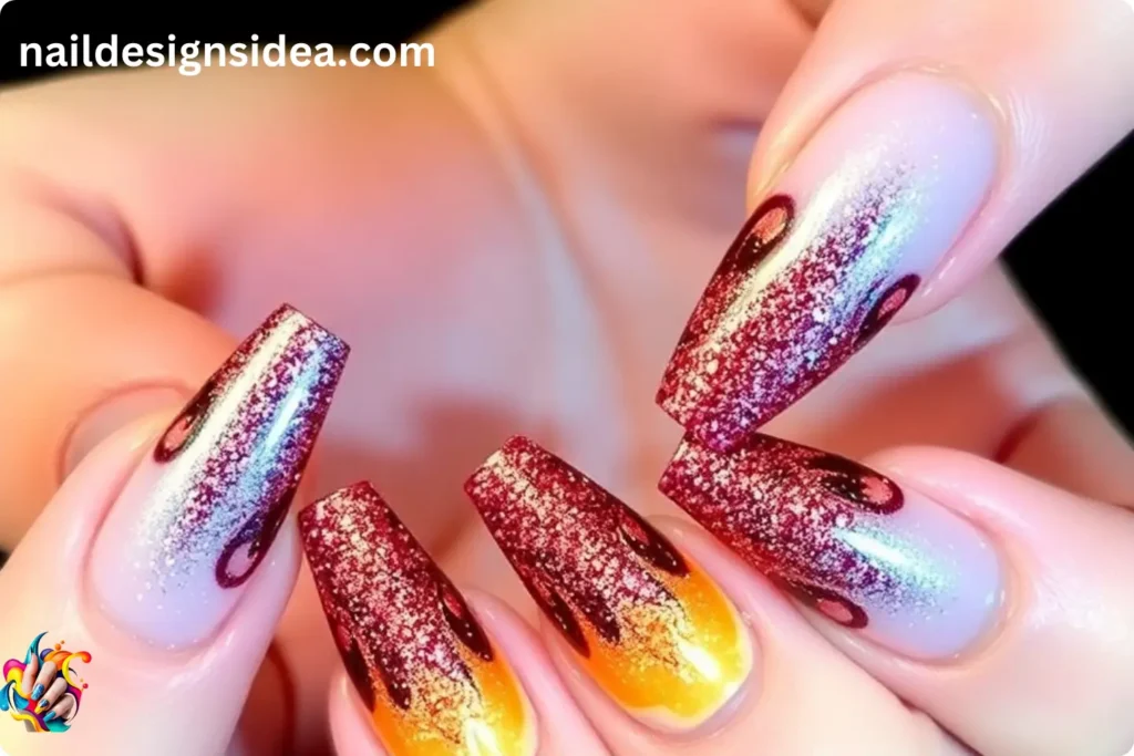 Glitter Flames Acrylic Nails