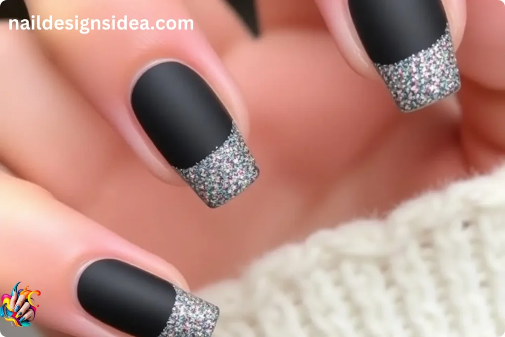 New Year Eve Nail Designs 2025 with Matte Black and Glitter