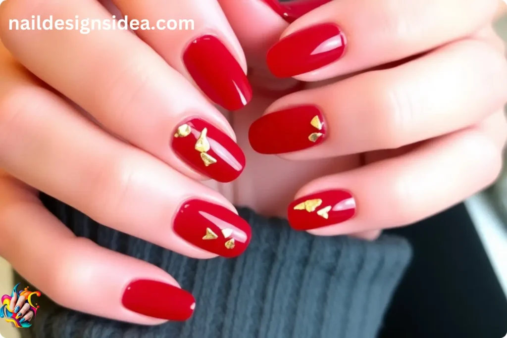 New Year Velvet Red Nails with Gold Foil