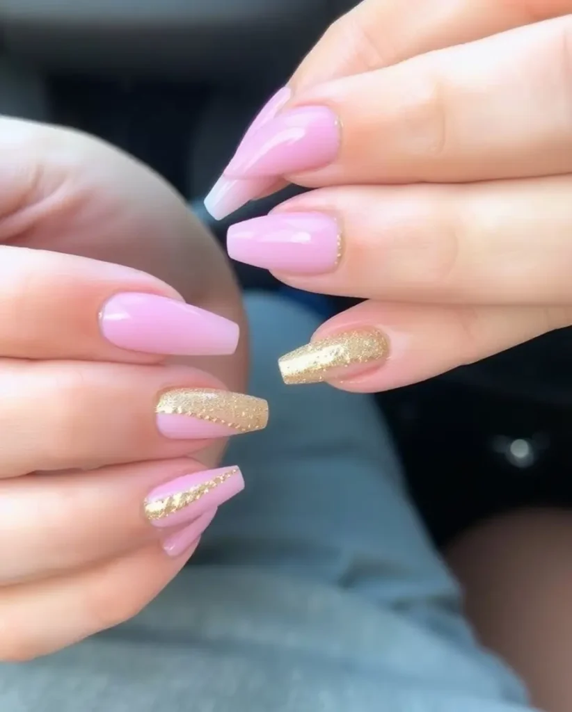 Pink and Gold Acrylic Nails