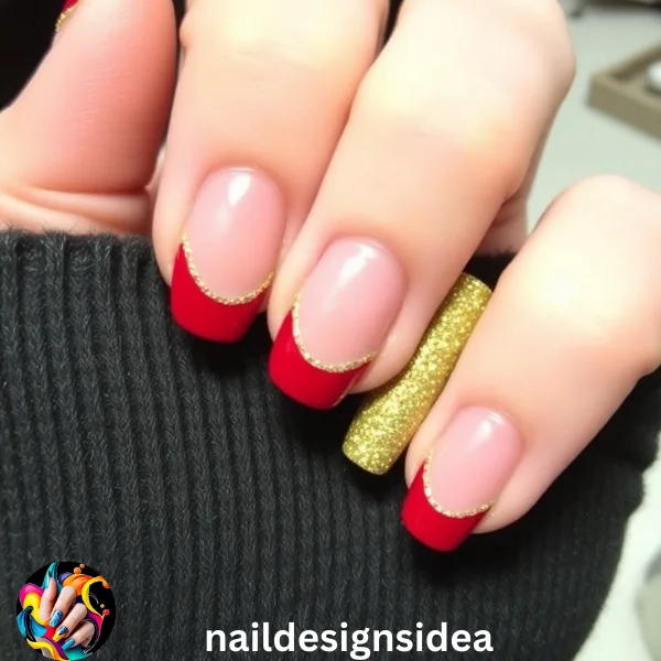 Golden glitter paired with red tips exudes luxury and warmth. Apply gold glitter along the tips or use it to outline the red sections