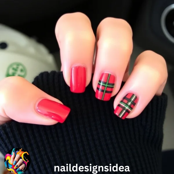 Plaid designs are cozy and reminiscent of holiday blankets and scarves. Create a plaid pattern on one or two nails while keeping the rest with red tips.