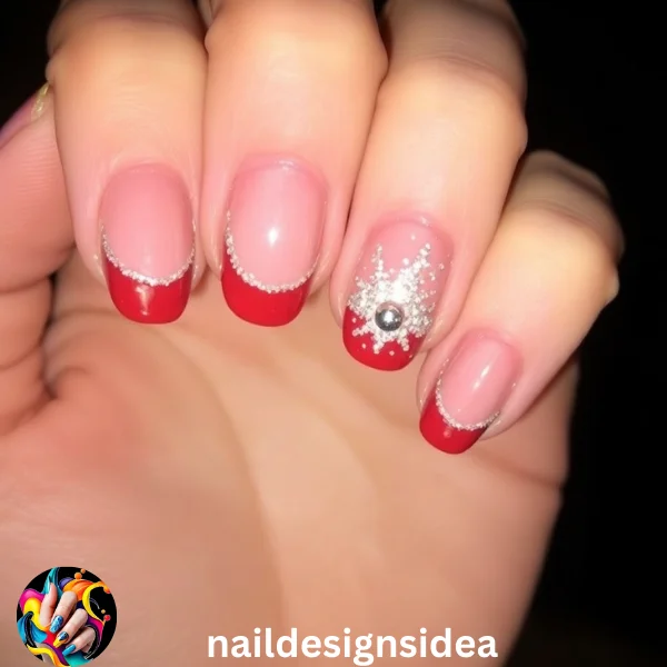 Red Tip Christmas Nails with Silver Accents