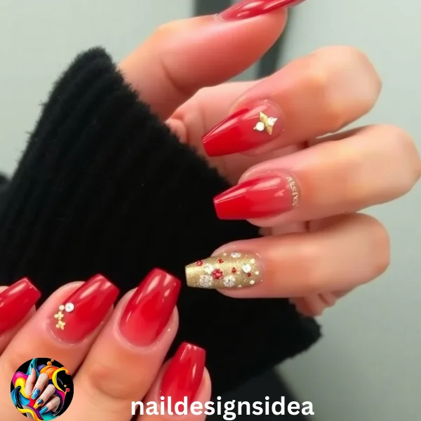 Make your nails party-ready with bold and glamorous red tips. Add glitter, rhinestones, or intricate designs like snowflakes and stars to enhance the festive look. 