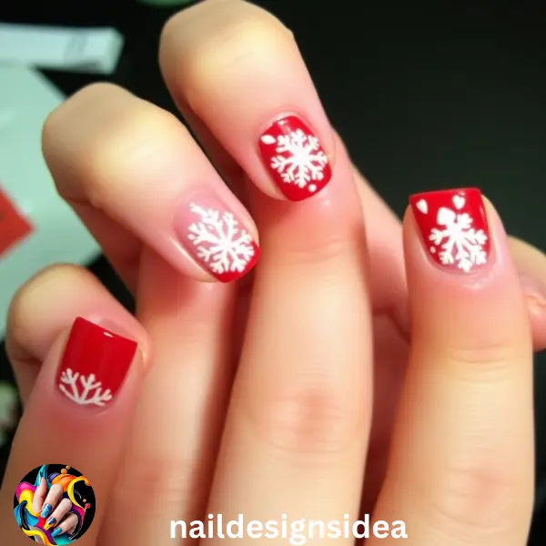 Snowflake patterns are a quintessential Christmas design. To achieve this look, start with red tips and paint delicate white snowflakes on one or two nails. 