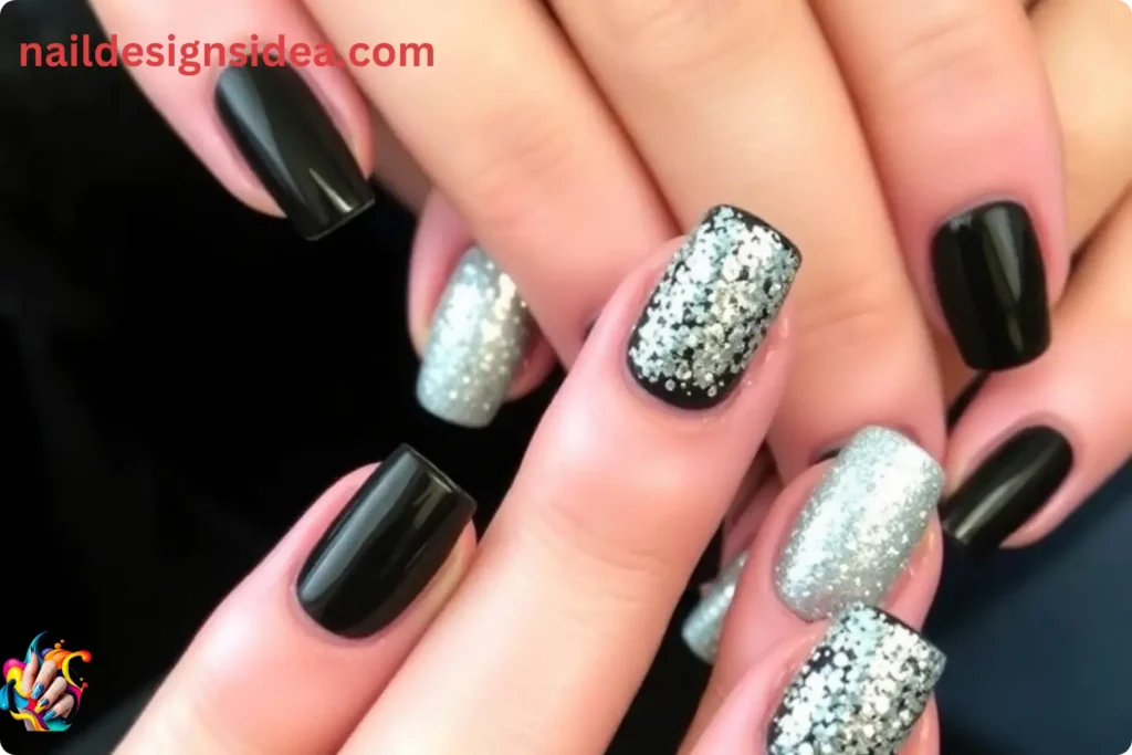 Sparkly Silver and Black Nails for New Year Eve