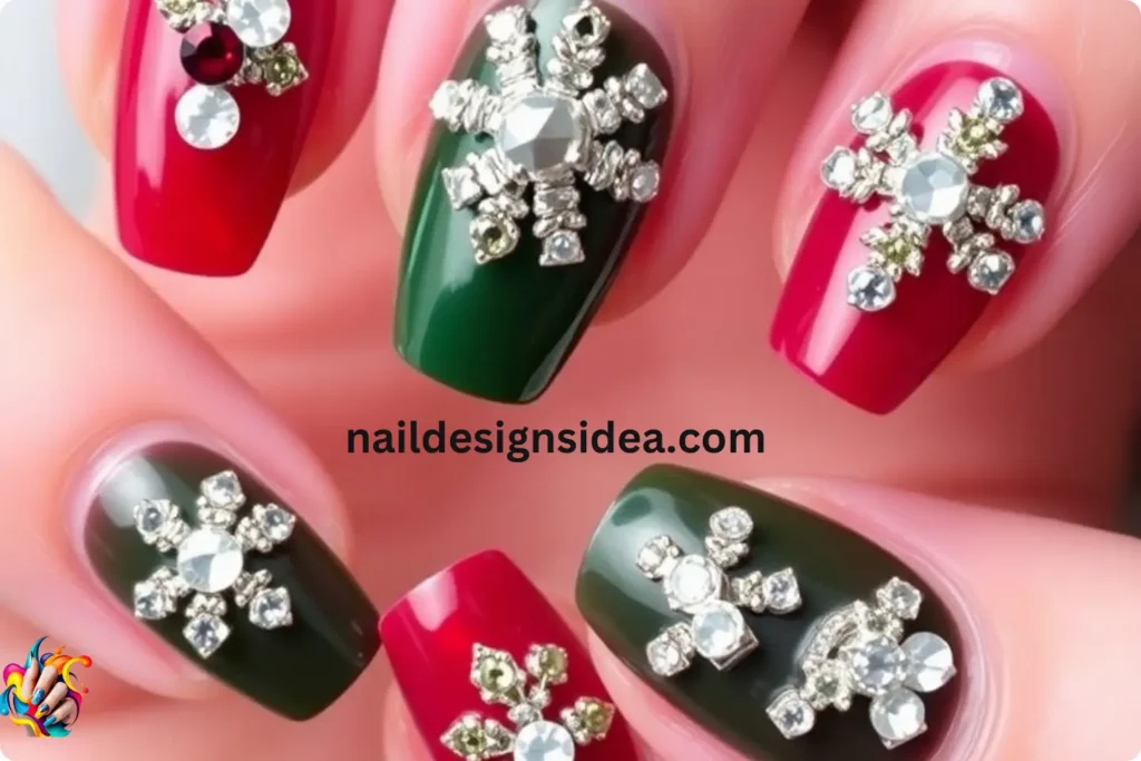 3D Rhinestone Holiday Nails
